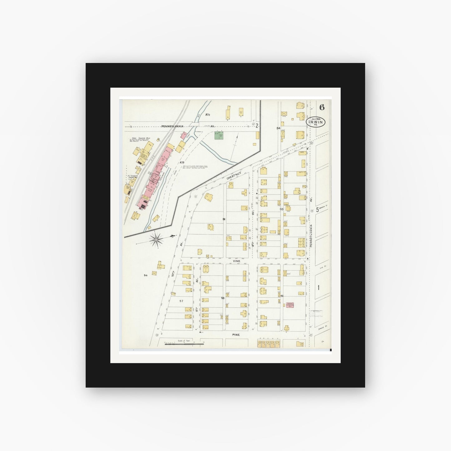 Old map wall art mockup — black gallery frame with white mat — Sanborn Fire Insurance Map from Irwin, Westmoreland County, Pennsylvania (1904), Sheet #0006