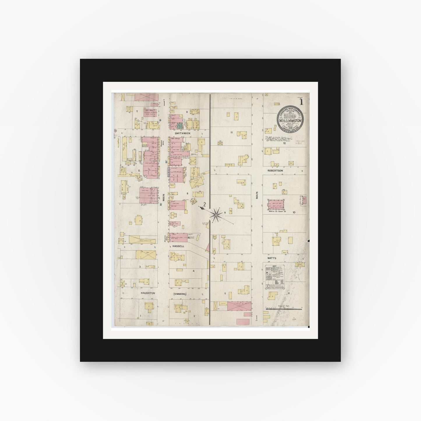 Old map wall art mockup — black gallery frame with white mat — Sanborn Fire Insurance Map from Williamston, Martin County, North Carolina (1908), Sheet #0001