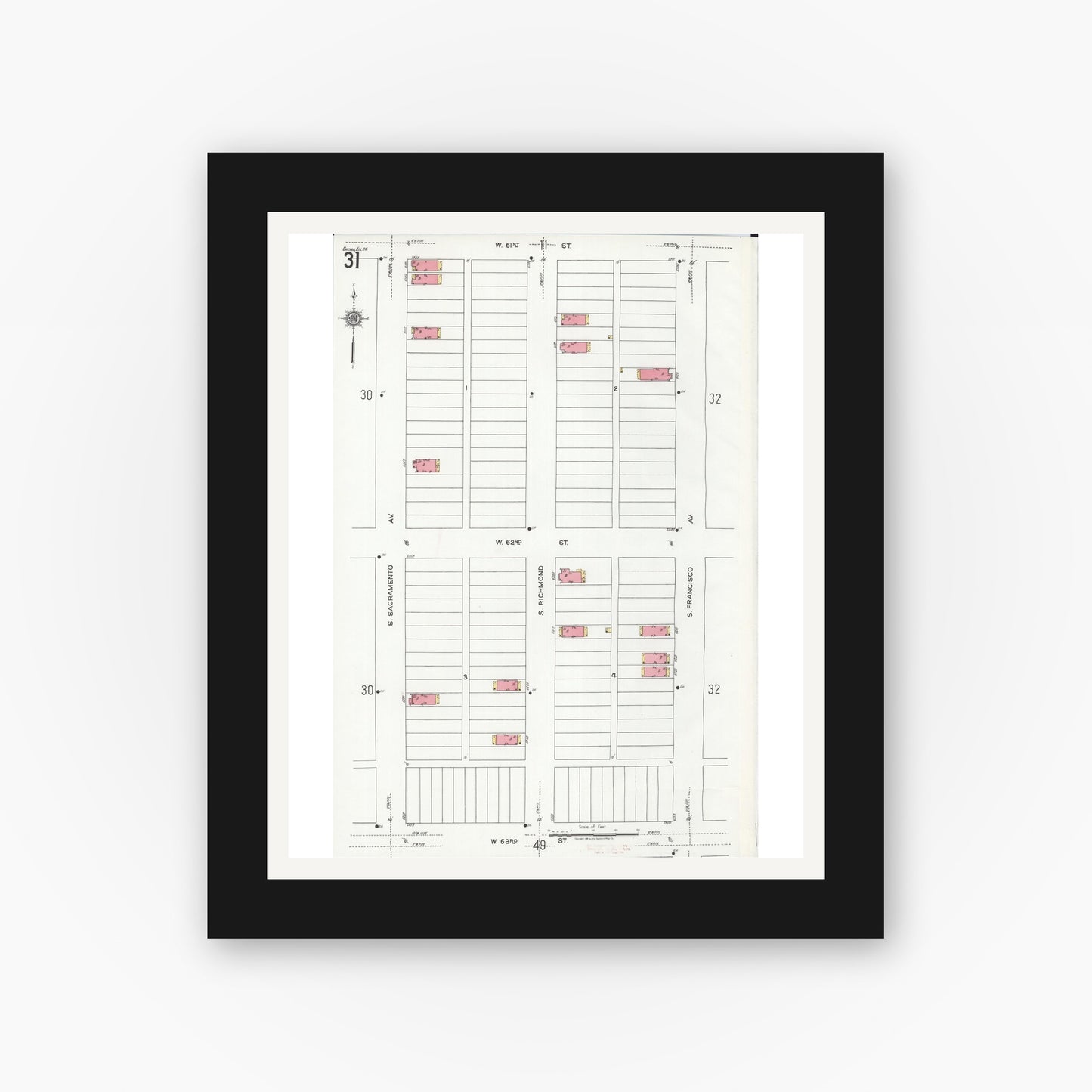 Old map wall art mockup — black gallery frame with white mat — Sanborn Fire Insurance Map from Chicago, Cook County, Illinois (1920), Sheet #0031