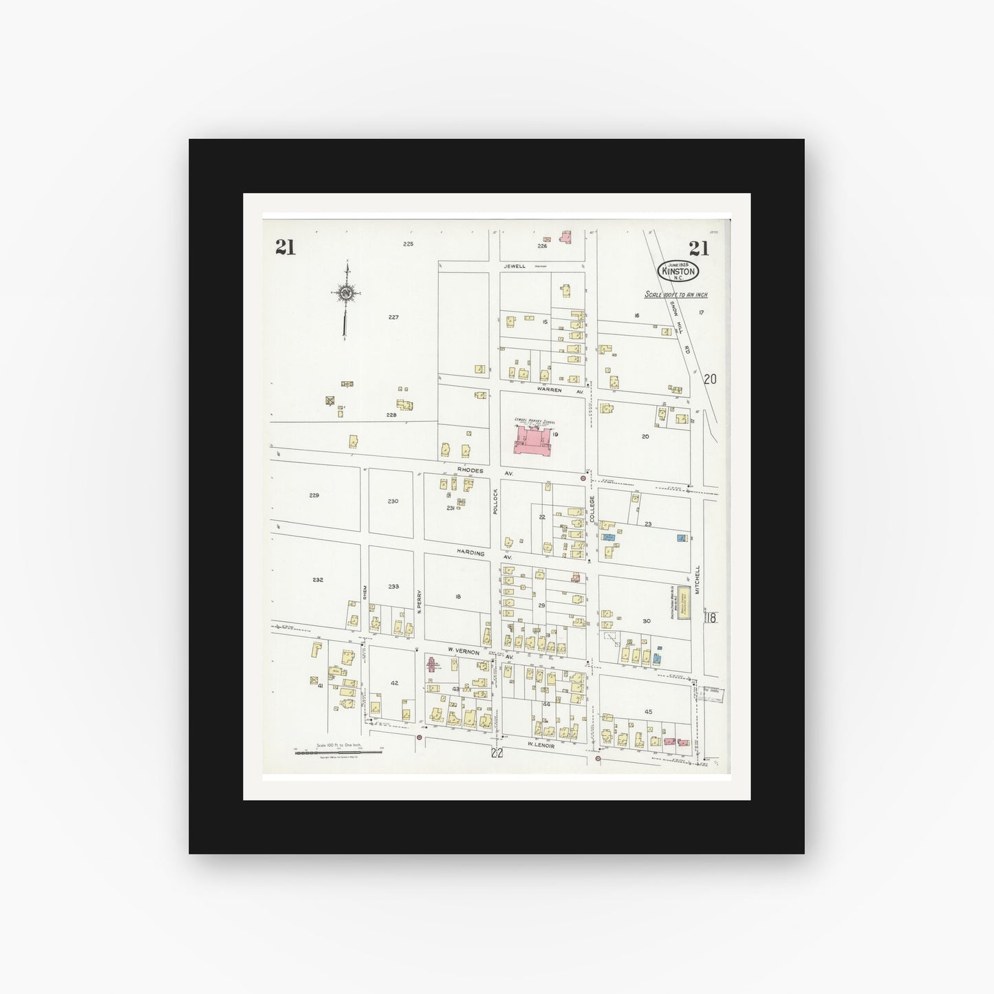 Old map wall art mockup — black gallery frame with white mat — Sanborn Fire Insurance Map from Kinston, Lenoir County, North Carolina (1925), Sheet #0021