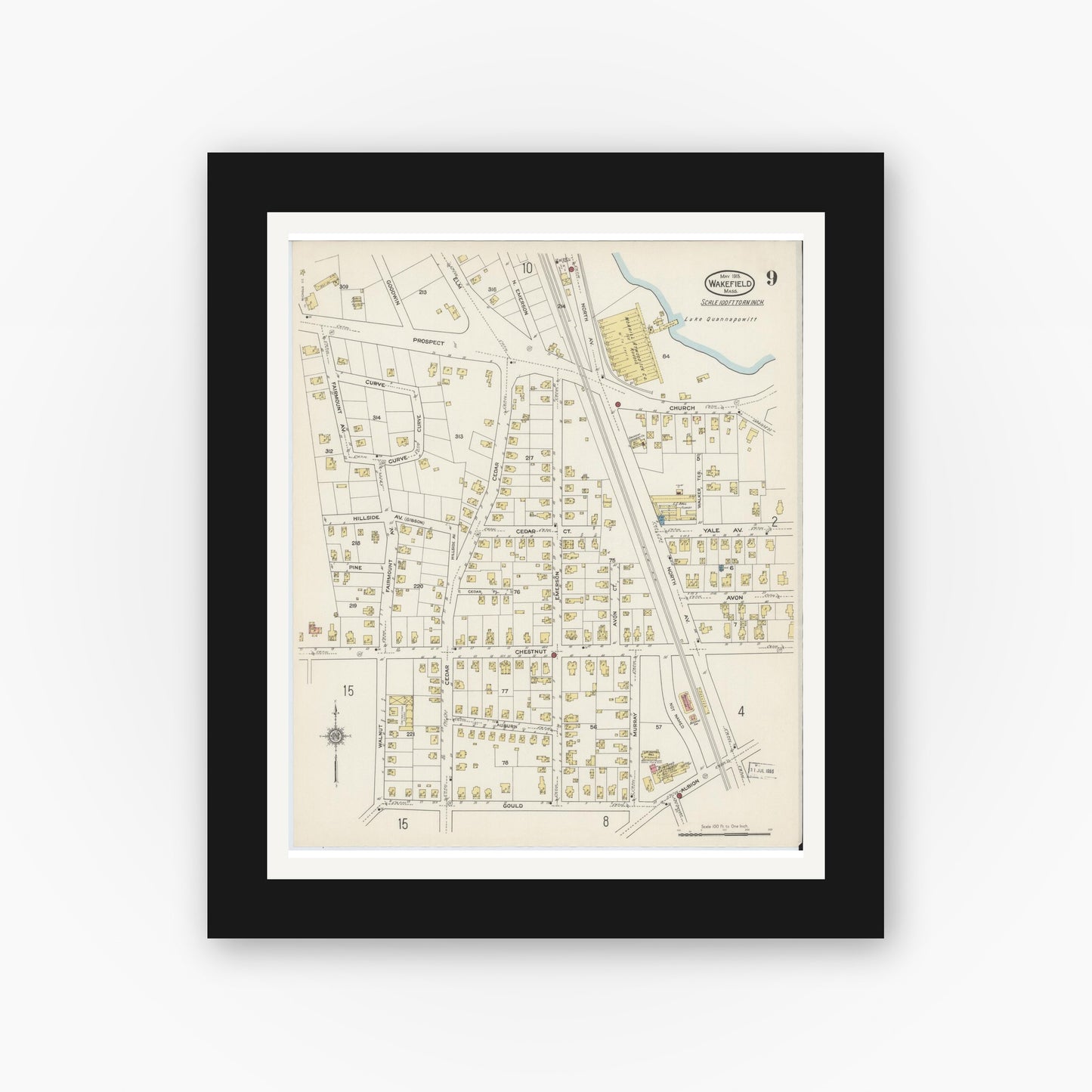 Old map wall art mockup — black gallery frame with white mat — Sanborn Fire Insurance Map from Wakefield, Middlesex County, Massachusetts (1915), Sheet #0009