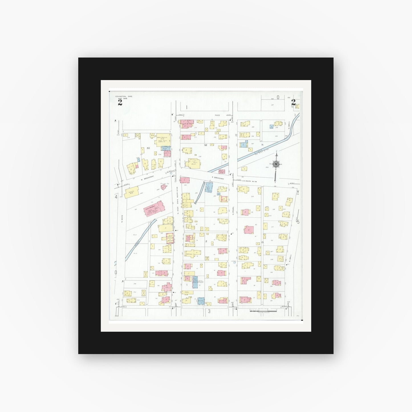 Old map wall art mockup — black gallery frame with white mat — Sanborn Fire Insurance Map from Covington, Miami County, Ohio (1946), Sheet #0002