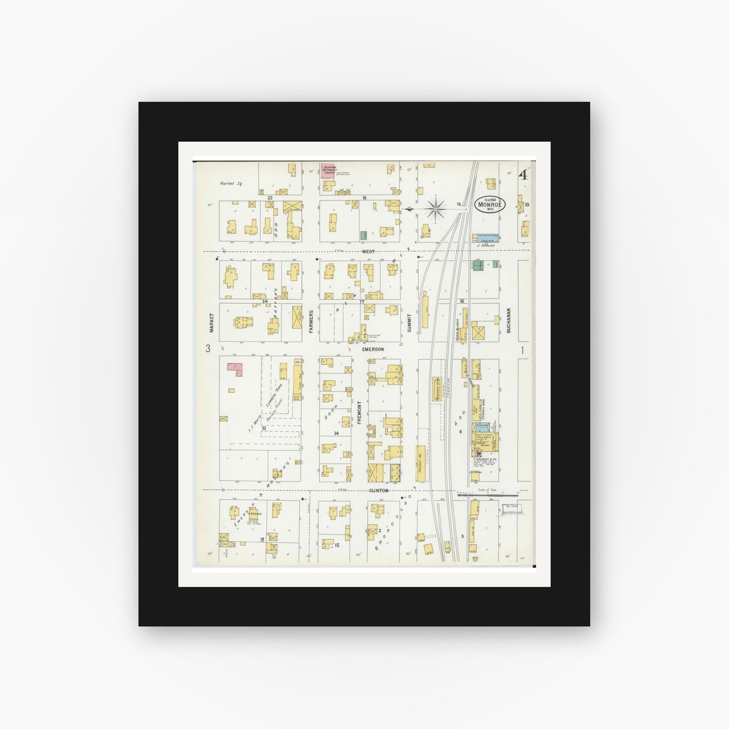 Old map wall art mockup — black gallery frame with white mat — Sanborn Fire Insurance Map from Monroe, Green County, Wisconsin (1900), Sheet #0004