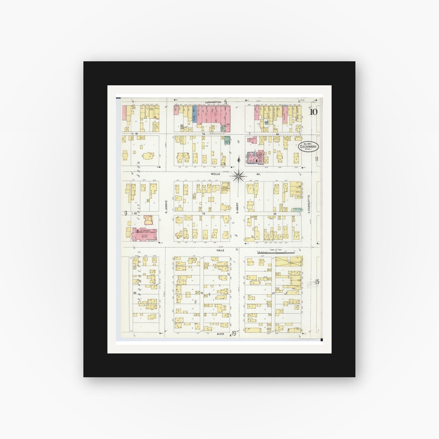 Old map wall art mockup — black gallery frame with white mat — Sanborn Fire Insurance Map from Escanaba, Delta County, Michigan (1906), Sheet #0010