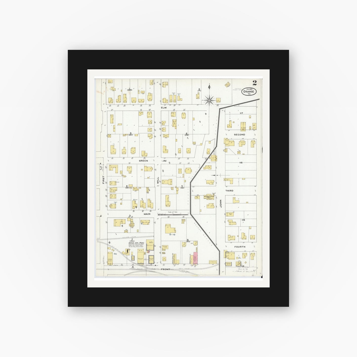 Old map wall art mockup — black gallery frame with white mat — Sanborn Fire Insurance Map from Orange, Orange County, Texas (1909), Sheet #0002