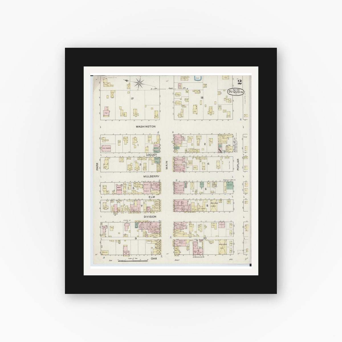 Old map wall art mockup — black gallery frame with white mat — Sanborn Fire Insurance Map from Du Quoin, Perry County, Illinois (1888), Sheet #0002