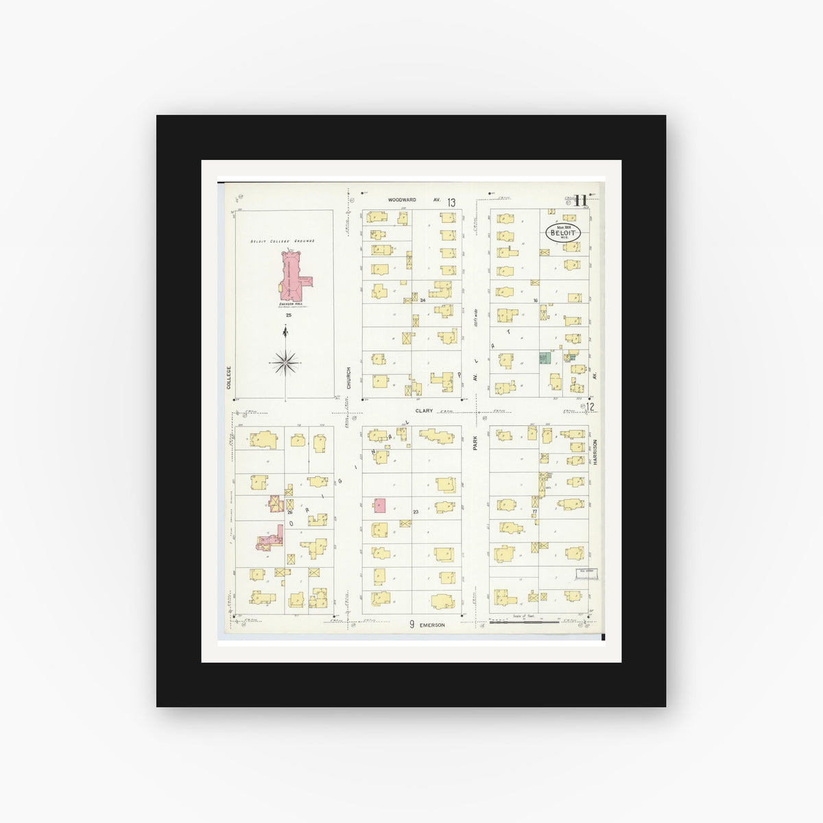 Old map wall art mockup — black gallery frame with white mat — Sanborn Fire Insurance Map from Beloit, Rock County, Wisconsin (1908), Sheet #0011