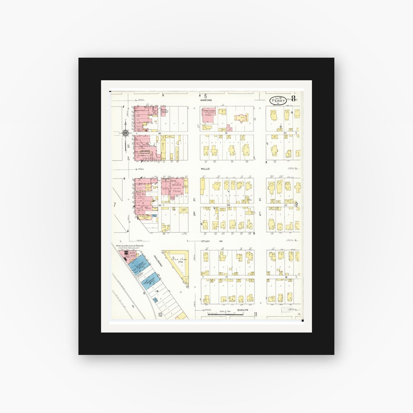 Old map wall art mockup — black gallery frame with white mat — Sanborn Fire Insurance Map from Perry, Dallas County, Iowa (1911), Sheet #0008