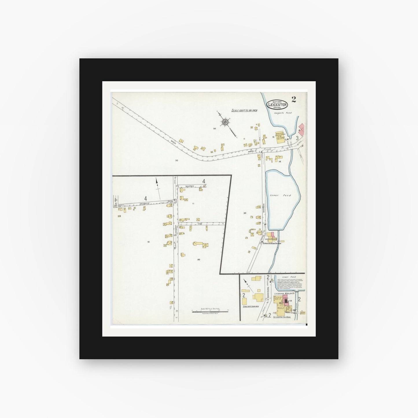 Old map wall art mockup — black gallery frame with white mat — Sanborn Fire Insurance Map from Leicester, Worcester County, Massachusetts (1918), Sheet #0002