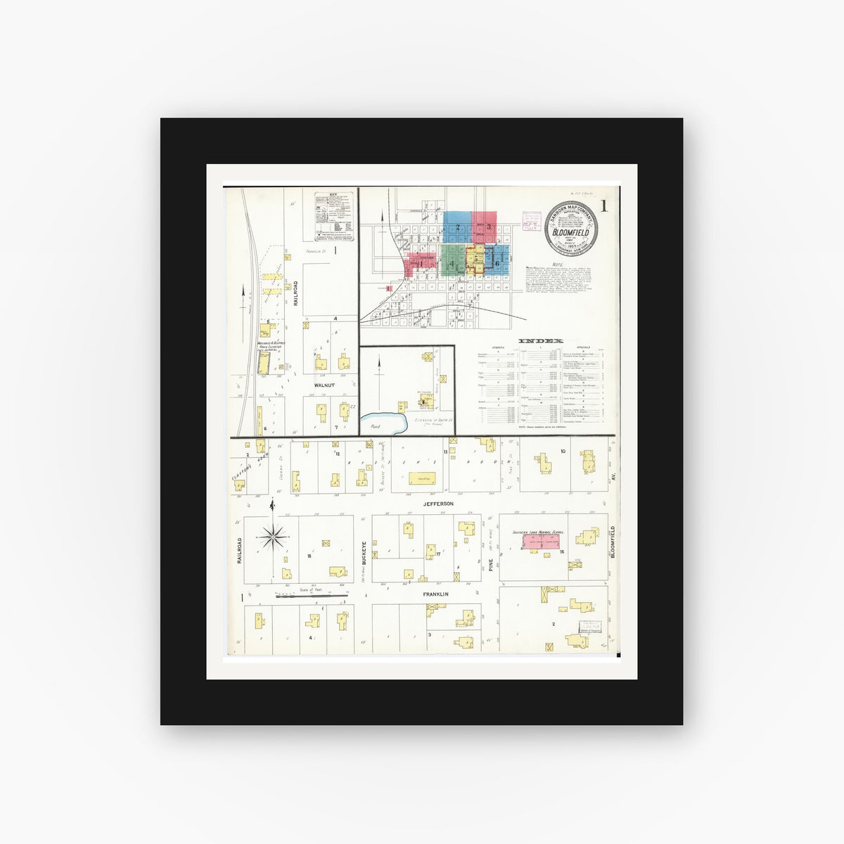 Old map wall art mockup — black gallery frame with white mat — Sanborn Fire Insurance Map from Bloomfield, Davis County, Iowa (1907), Sheet #0001