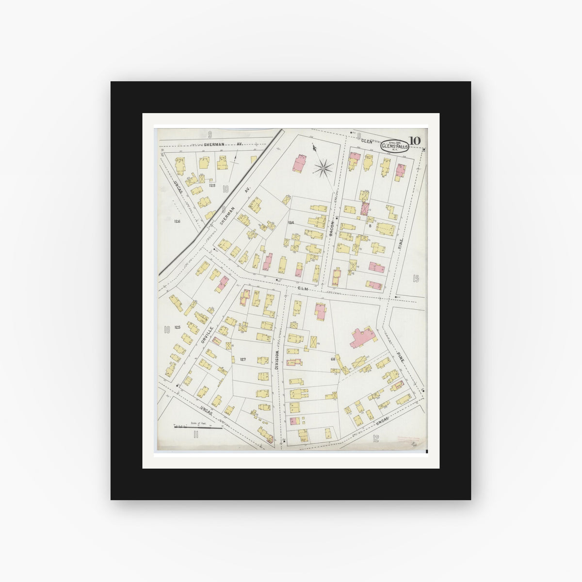 Old map wall art mockup — black gallery frame with white mat — Sanborn Fire Insurance Map from Glens Falls, Warren County, New York (1895), Sheet #0010