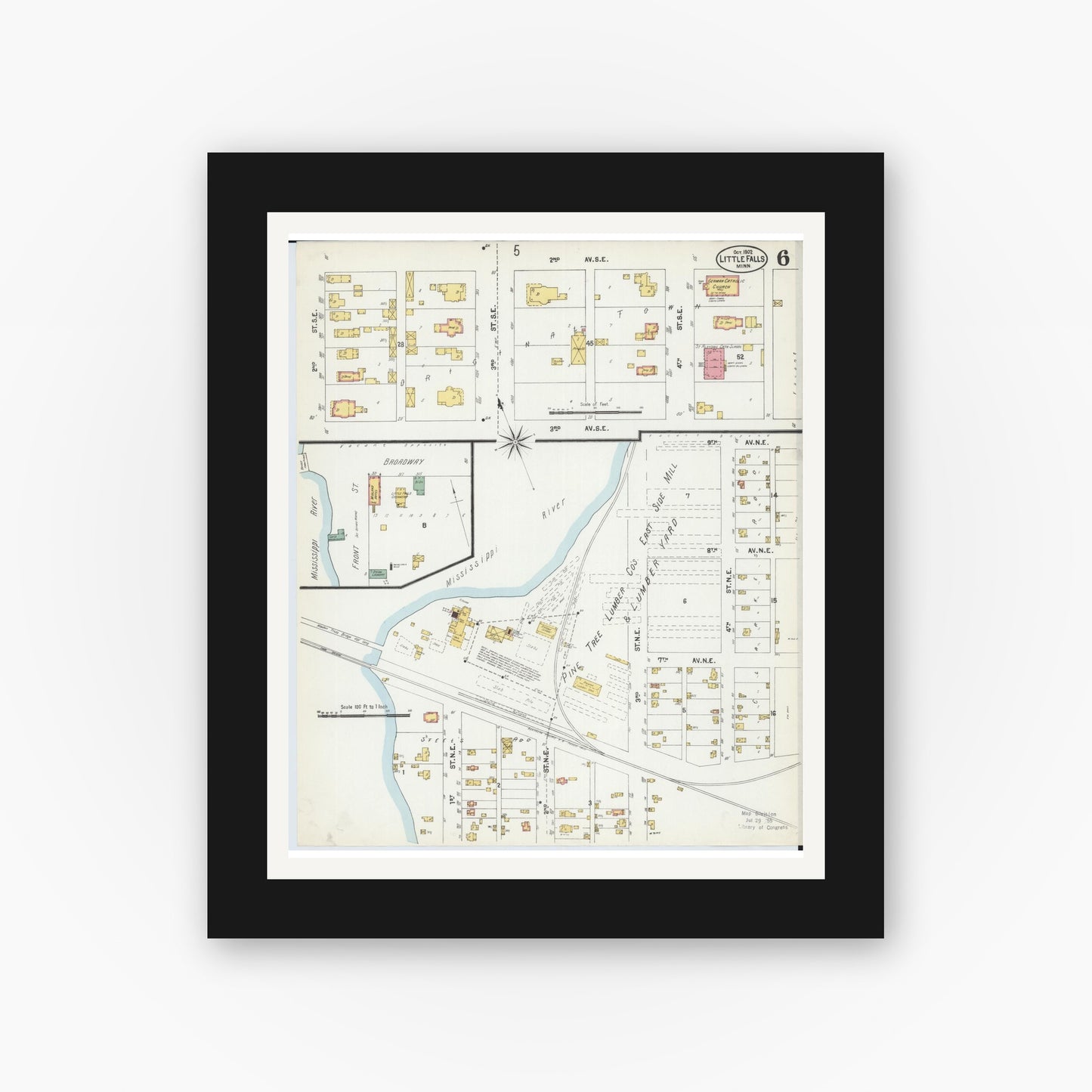Old map wall art mockup — black gallery frame with white mat — Sanborn Fire Insurance Map from Little Falls, Morrison County, Minnesota (1902), Sheet #0006