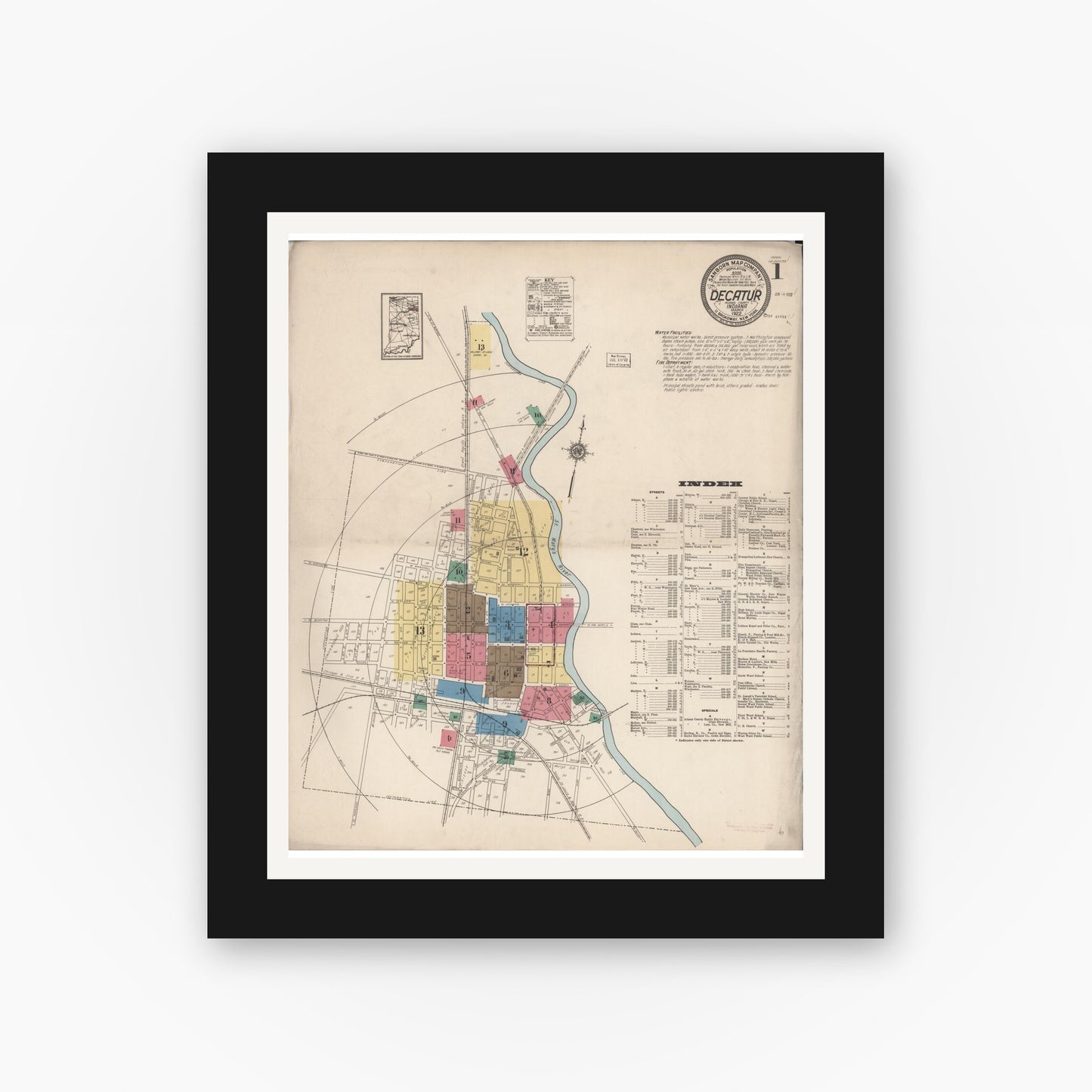 Old map wall art mockup — black gallery frame with white mat — Sanborn Fire Insurance Map from Decatur, Adams County, Indiana (1922) - Complete Map Set