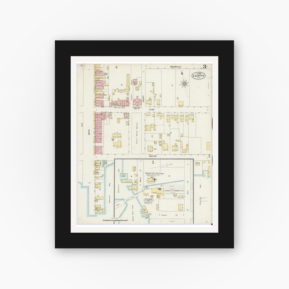 Old map wall art mockup — black gallery frame with white mat — Sanborn Fire Insurance Map from Edenton, Chowan County, North Carolina (1898), Sheet #0003