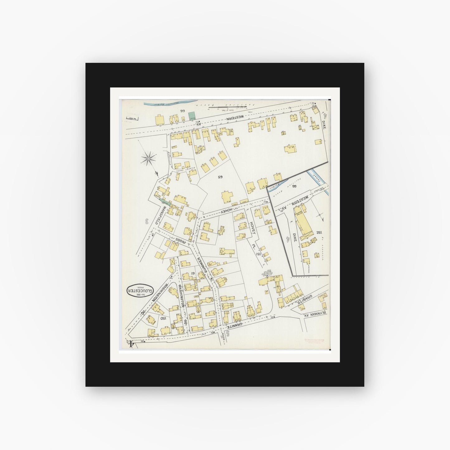 Old map wall art mockup — black gallery frame with white mat — Sanborn Fire Insurance Map from Gloucester, Essex County, Massachusetts (1892), Sheet #0004