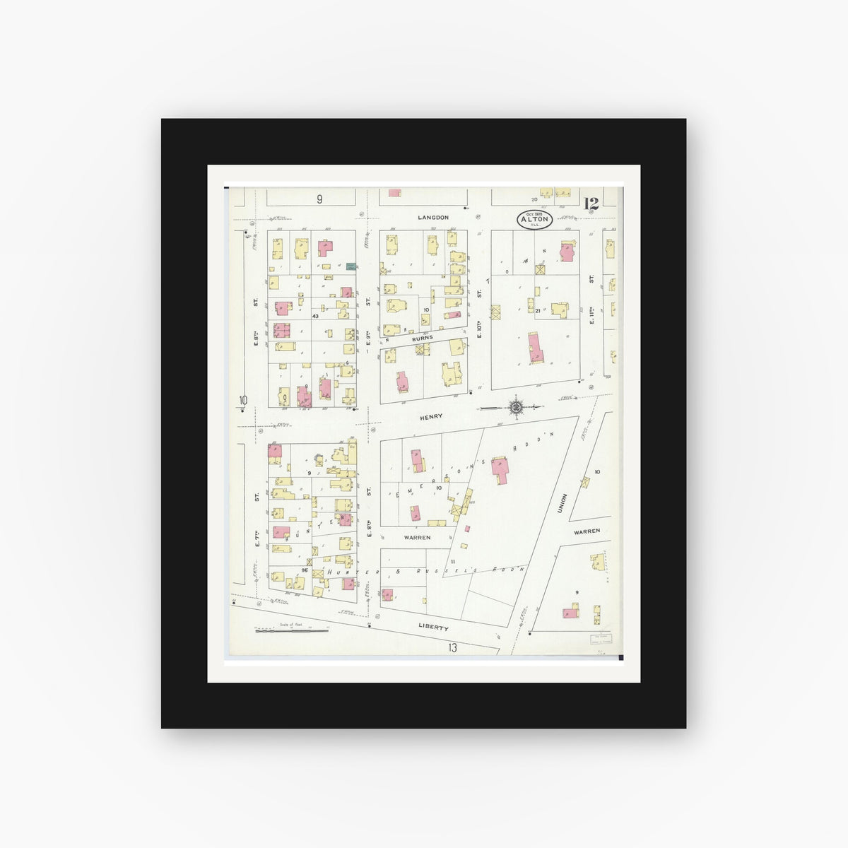 Old map wall art mockup — black gallery frame with white mat — Sanborn Fire Insurance Map from Alton, Madison County, Illinois (1909), Sheet #0012