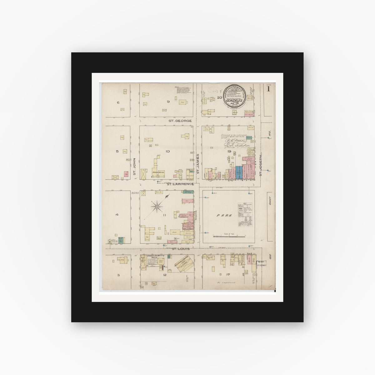 Old map wall art mockup — black gallery frame with white mat — Sanborn Fire Insurance Map from Gonzales, Gonzales County, Texas (1885), Sheet #0001