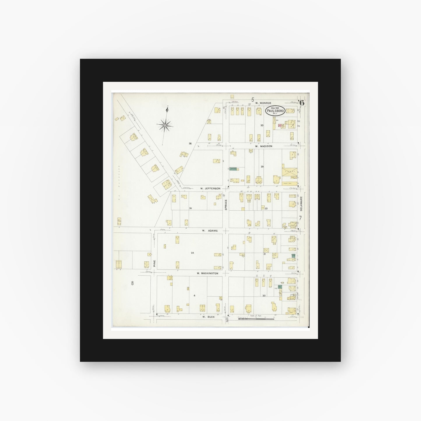 Old map wall art mockup — black gallery frame with white mat — Sanborn Fire Insurance Map from Paulsboro, Gloucester County, New Jersey (1909), Sheet #0006