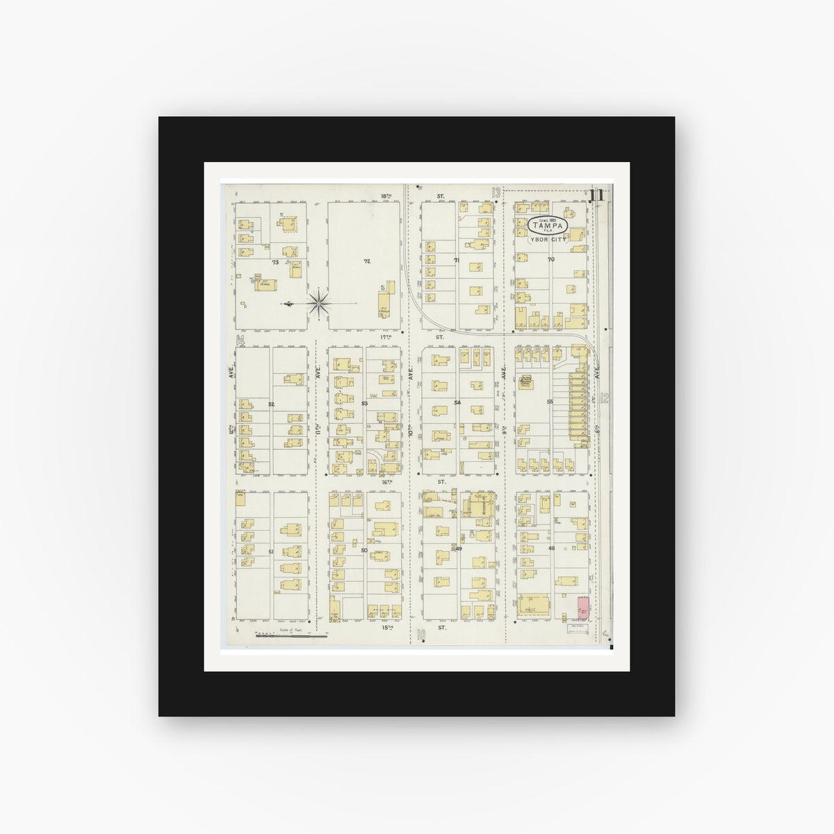 Old map wall art mockup — black gallery frame with white mat — Sanborn Fire Insurance Map from Tampa, Hillsborough County, Florida (1895), Sheet #0015