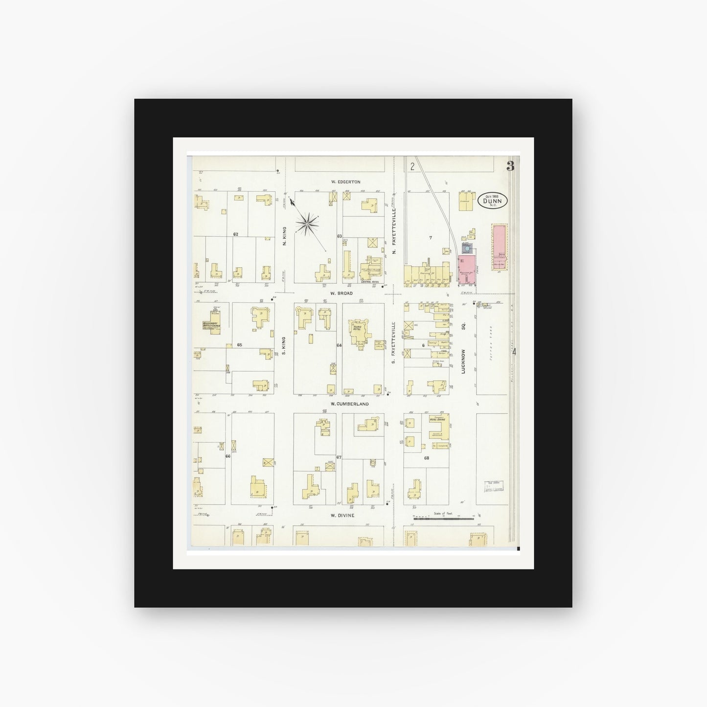 Old map wall art mockup — black gallery frame with white mat — Sanborn Fire Insurance Map from Dunn, Harnett County, North Carolina (1908), Sheet #0003