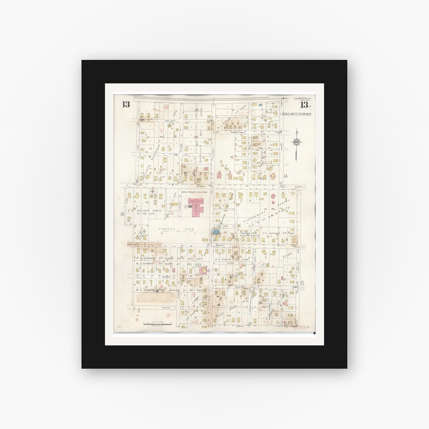 Old map wall art mockup — black gallery frame with white mat — Sanborn Fire Insurance Map from Marion, Williamson County, Illinois (1946), Sheet #0013