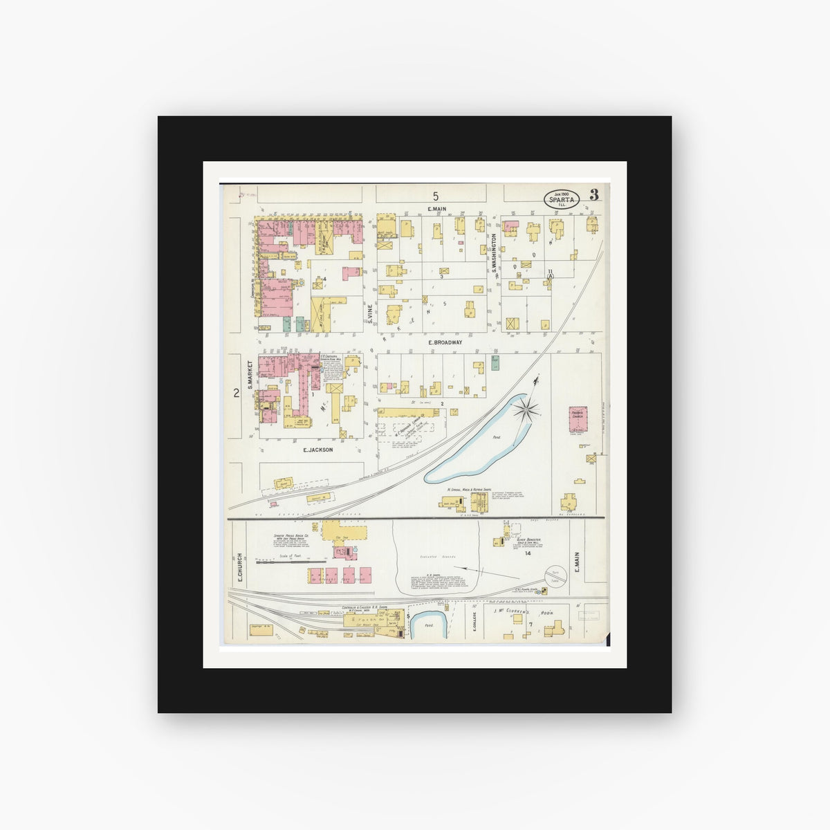 Old map wall art mockup — black gallery frame with white mat — Sanborn Fire Insurance Map from Sparta, Randolph County, Illinois (1900), Sheet #0003