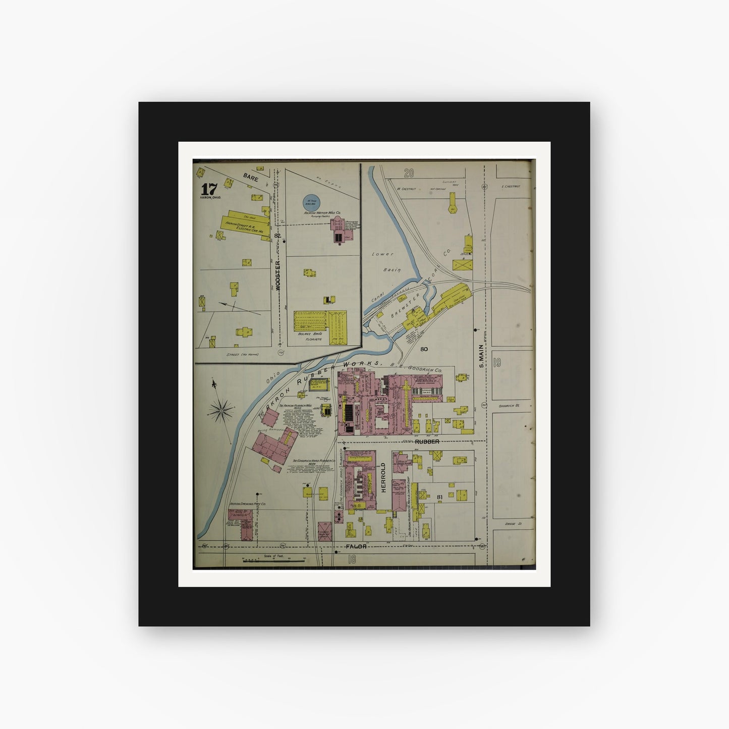 Old map wall art mockup — black gallery frame with white mat — Sanborn Fire Insurance Map from Akron, Summit County, Ohio (1892), Sheet #0017