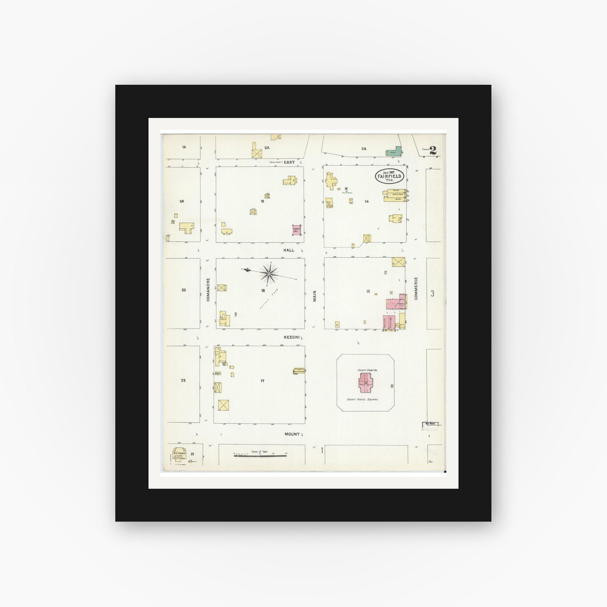 Old map wall art mockup — black gallery frame with white mat — Sanborn Fire Insurance Map from Fairfield, Freestone County, Texas (1907), Sheet #0002