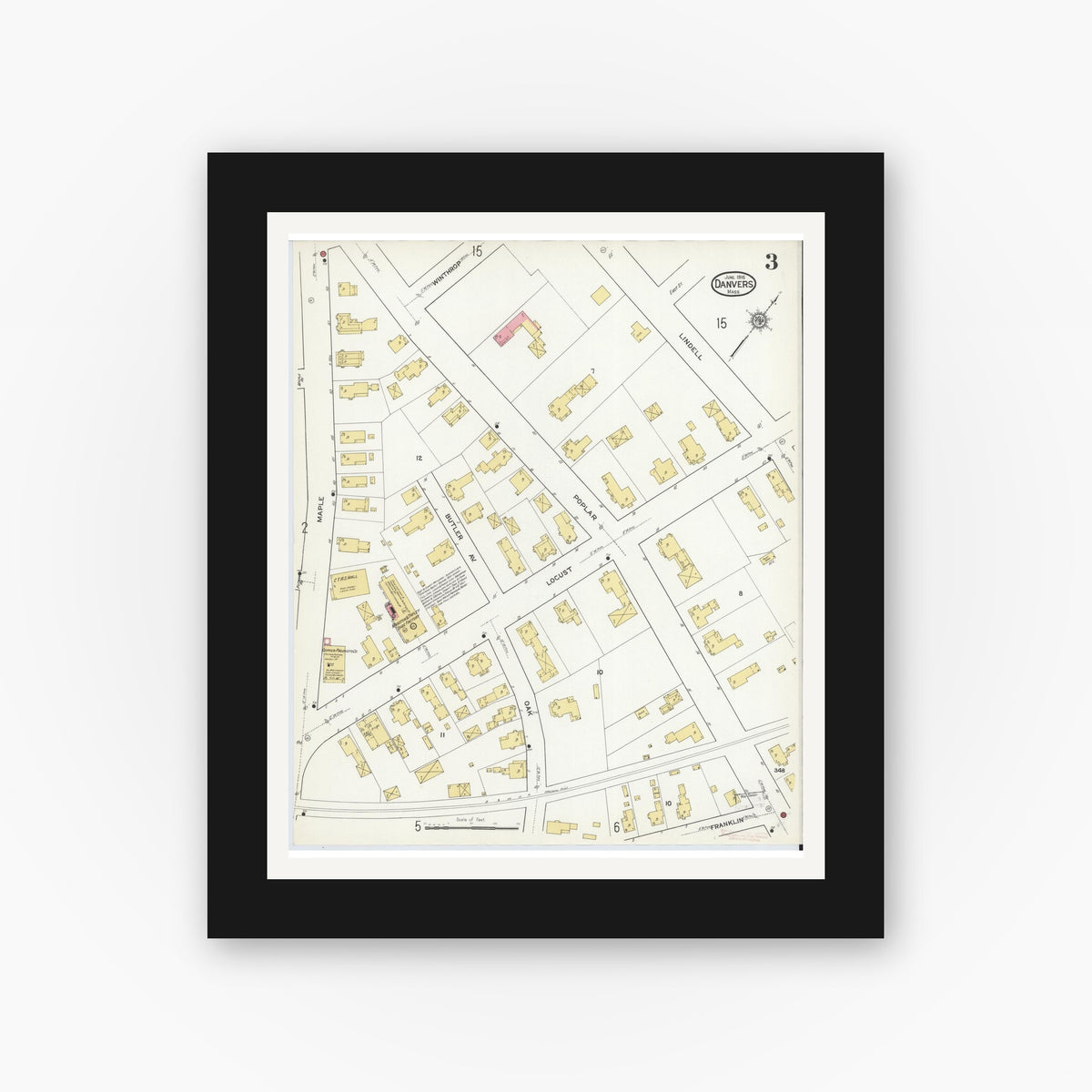 Old map wall art mockup — black gallery frame with white mat — Sanborn Fire Insurance Map from Danvers, Essex County, Massachusetts (1916), Sheet #0003