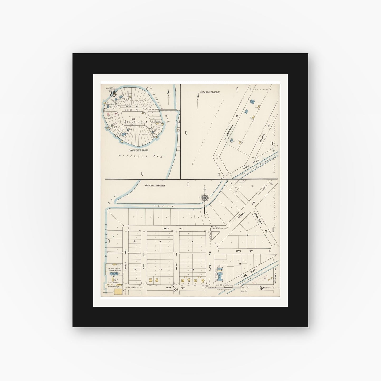 Old map wall art mockup — black gallery frame with white mat — Sanborn Fire Insurance Map from Miami Beach, Dade County, Florida (1921), Sheet #0007