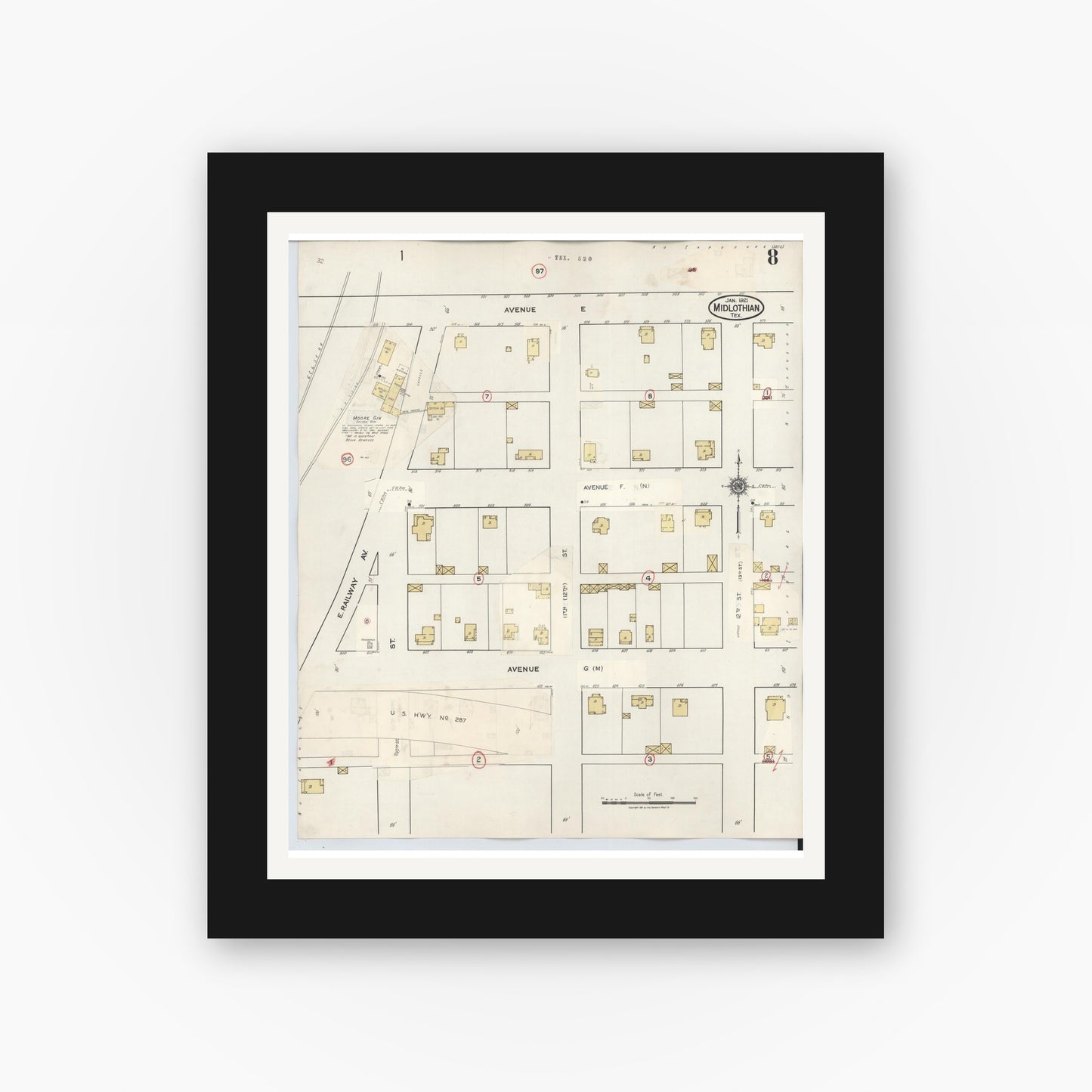 Old map wall art mockup — black gallery frame with white mat — Sanborn Fire Insurance Map from Midlothian, Ellis County, Texas (1944), Sheet #0008