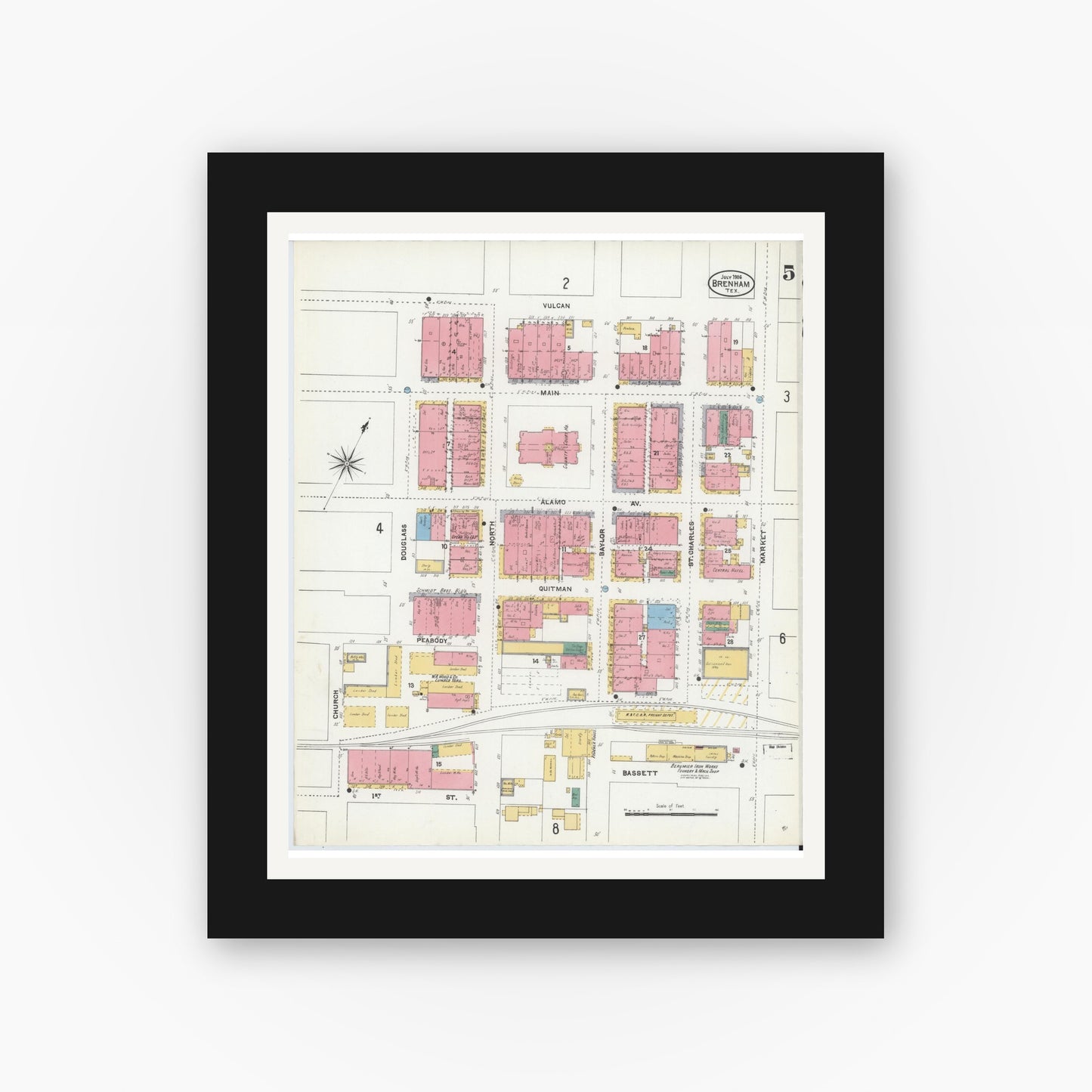 Old map wall art mockup — black gallery frame with white mat — Sanborn Fire Insurance Map from Brenham, Washington County, Texas (1906), Sheet #0005