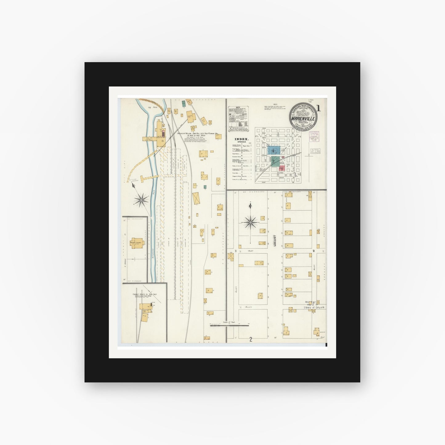 Old map wall art mockup — black gallery frame with white mat — Sanborn Fire Insurance Map from Marienville, Forest County, Pennsylvania (1904) - Complete Map Set