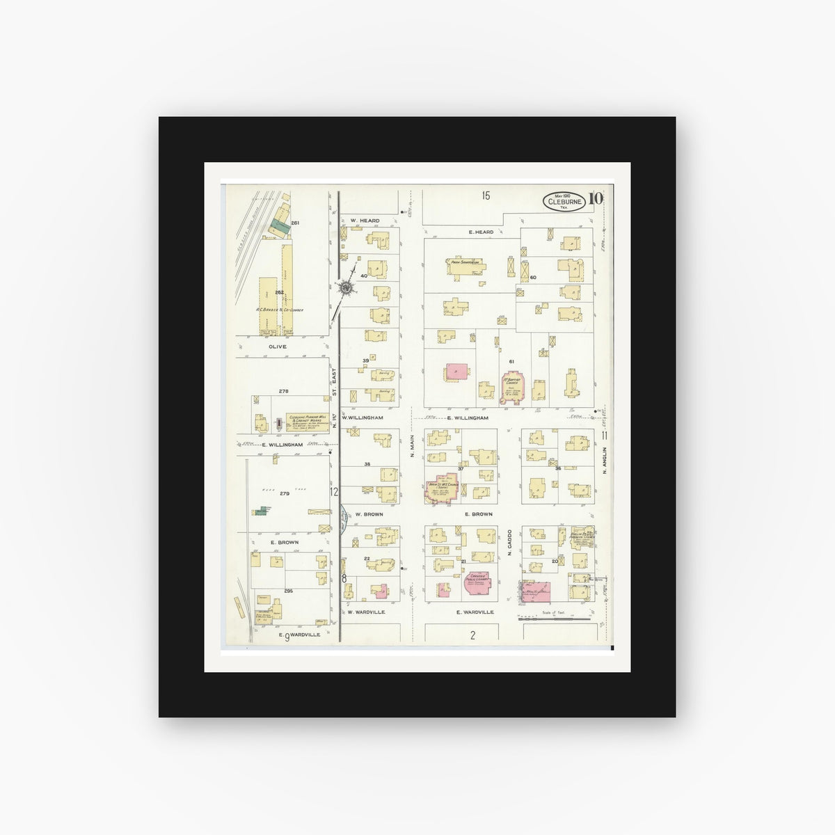Old map wall art mockup — black gallery frame with white mat — Sanborn Fire Insurance Map from Cleburne, Johnson County, Texas (1910), Sheet #0010