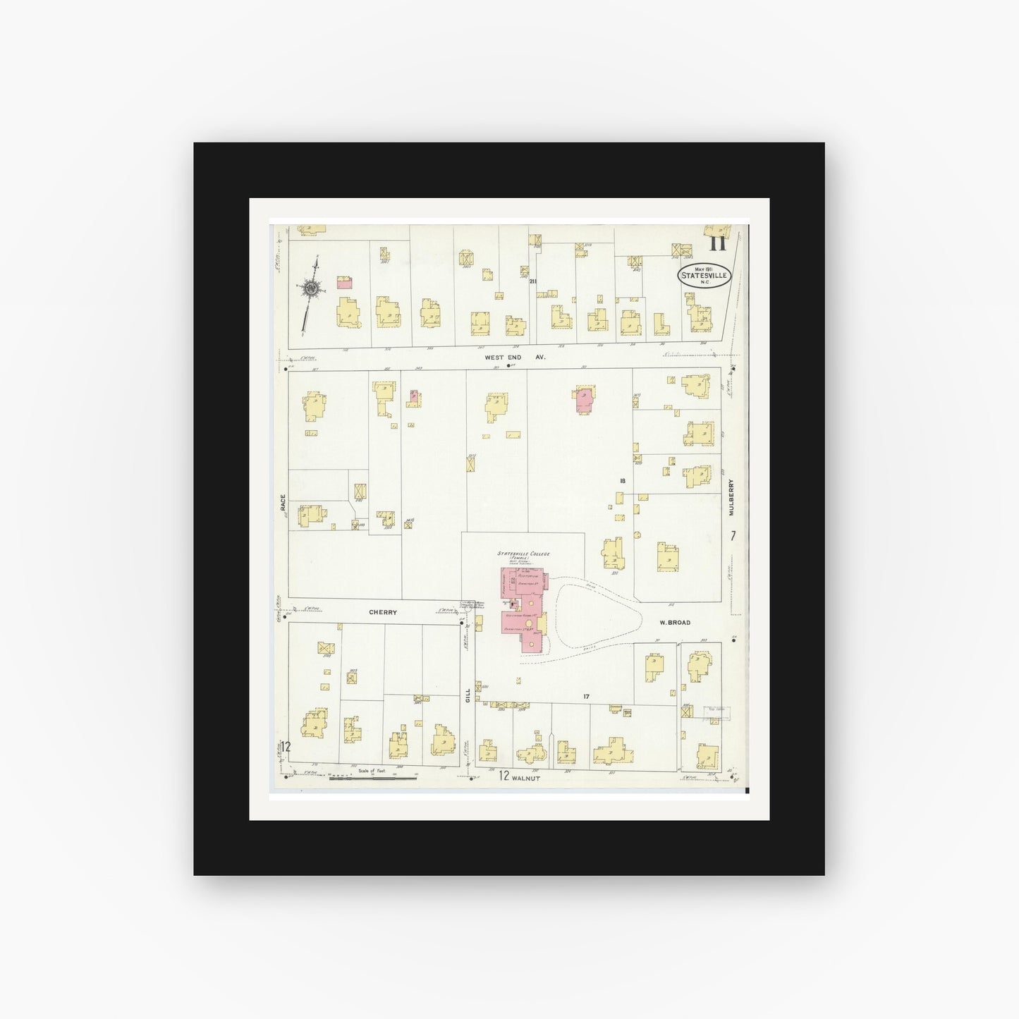 Old map wall art mockup — black gallery frame with white mat — Sanborn Fire Insurance Map from Statesville, Iredell County, North Carolina (1911), Sheet #0011