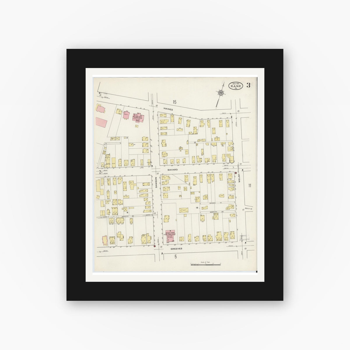 Old map wall art mockup — black gallery frame with white mat — Sanborn Fire Insurance Map from Kane, McKean County, Pennsylvania (1915), Sheet #0003