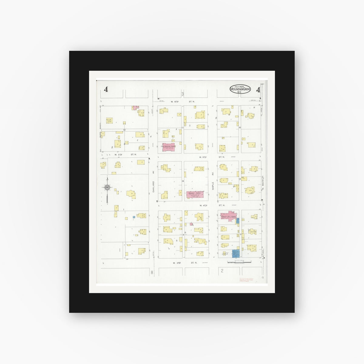 Old map wall art mockup — black gallery frame with white mat — Sanborn Fire Insurance Map from Mountain Grove, Wright County, Missouri (1929), Sheet #0004