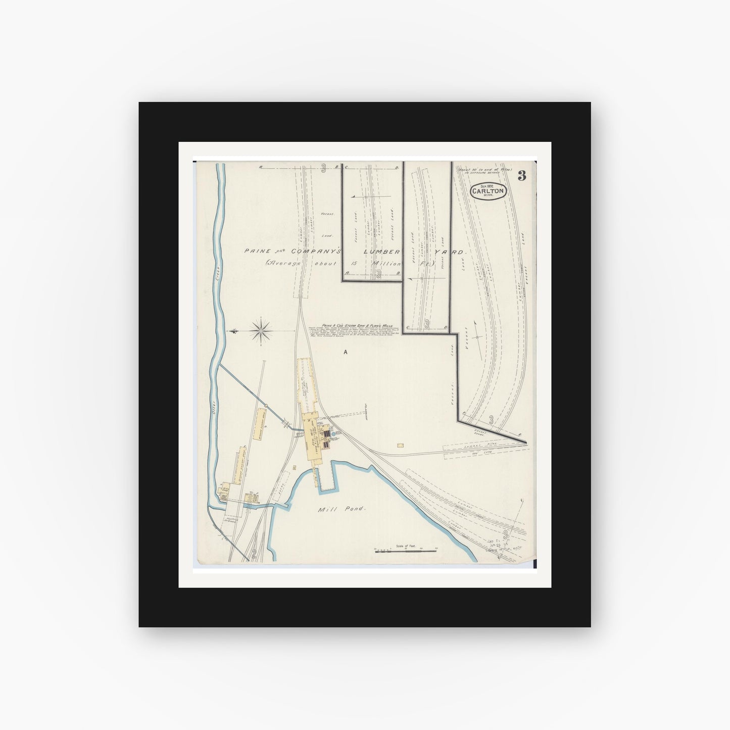 Old map wall art mockup — black gallery frame with white mat — Sanborn Fire Insurance Map from Carlton, Carlton County, Minnesota (1892), Sheet #0003