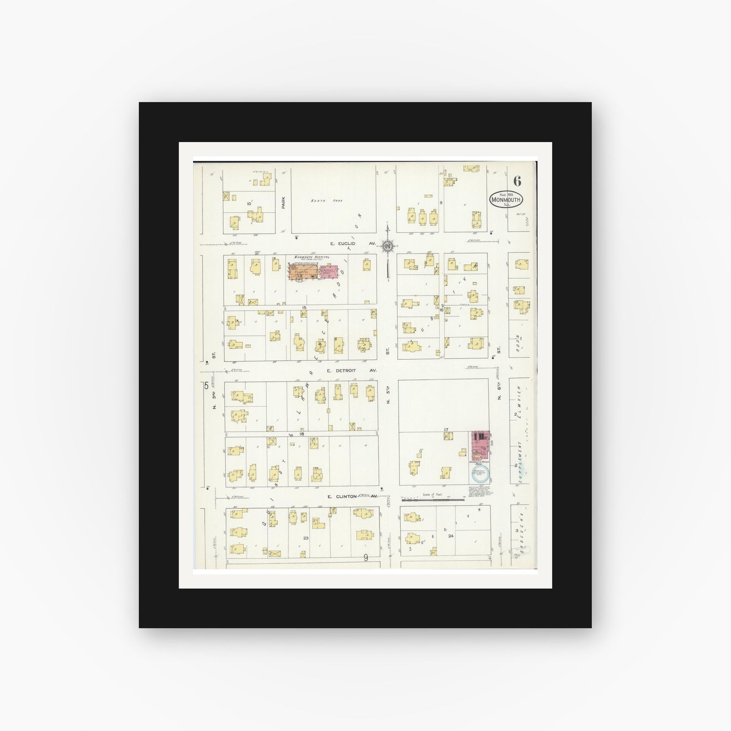 Old map wall art mockup — black gallery frame with white mat — Sanborn Fire Insurance Map from Monmouth, Warren County, Illinois (1913), Sheet #0006