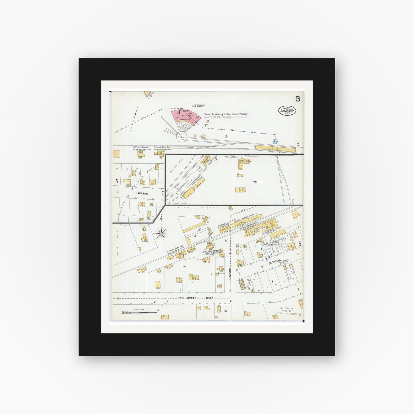 Old map wall art mockup — black gallery frame with white mat — Sanborn Fire Insurance Map from Jackson, Jackson County, Minnesota (1900), Sheet #0005