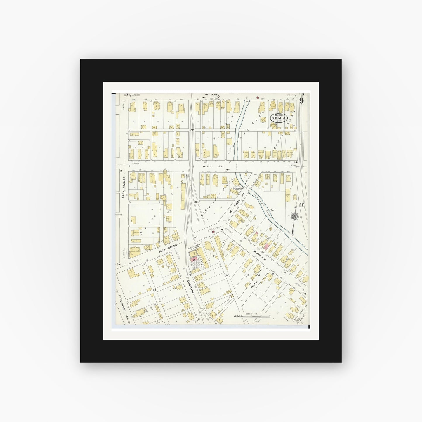 Old map wall art mockup — black gallery frame with white mat — Sanborn Fire Insurance Map from Xenia, Greene County, Ohio (1910), Sheet #0009