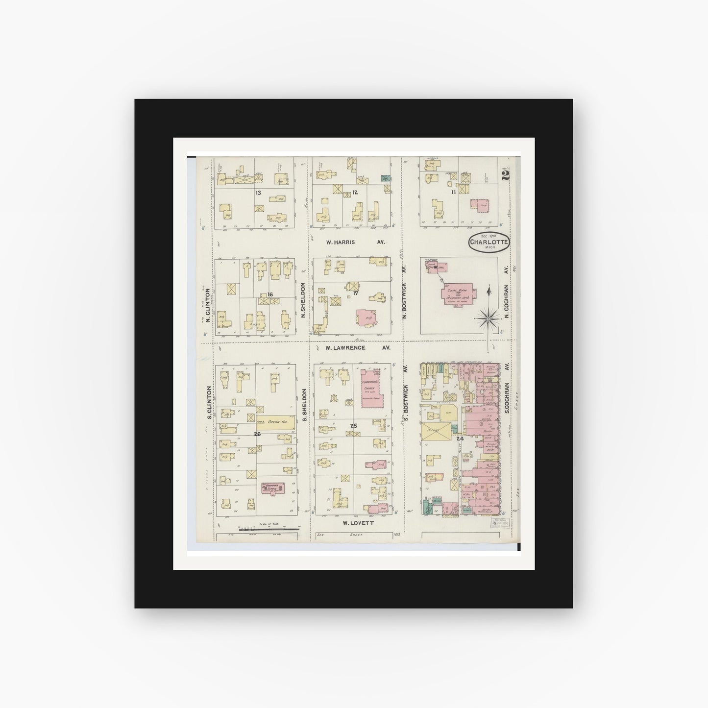 Old map wall art mockup — black gallery frame with white mat — Sanborn Fire Insurance Map from Charlotte, Eaton County, Michigan (1890), Sheet #0002