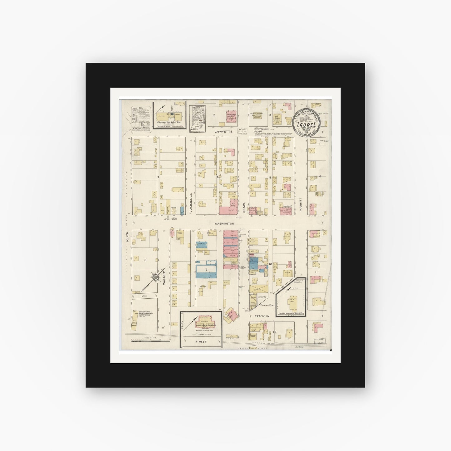 Old map wall art mockup — black gallery frame with white mat — Sanborn Fire Insurance Map from Laurel, Franklin County, Indiana (1916), Sheet #0001