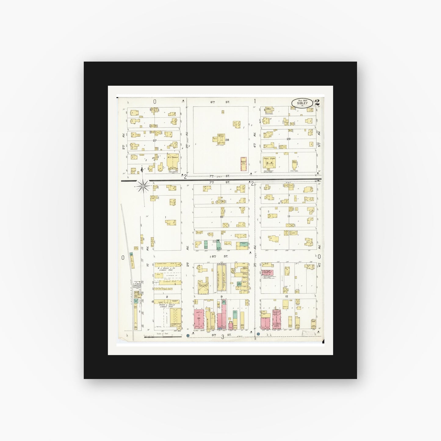 Old map wall art mockup β black gallery frame with white mat β Sanborn Fire Insurance Map from Sibley, Osceola County, Iowa (1900), Sheet #0002