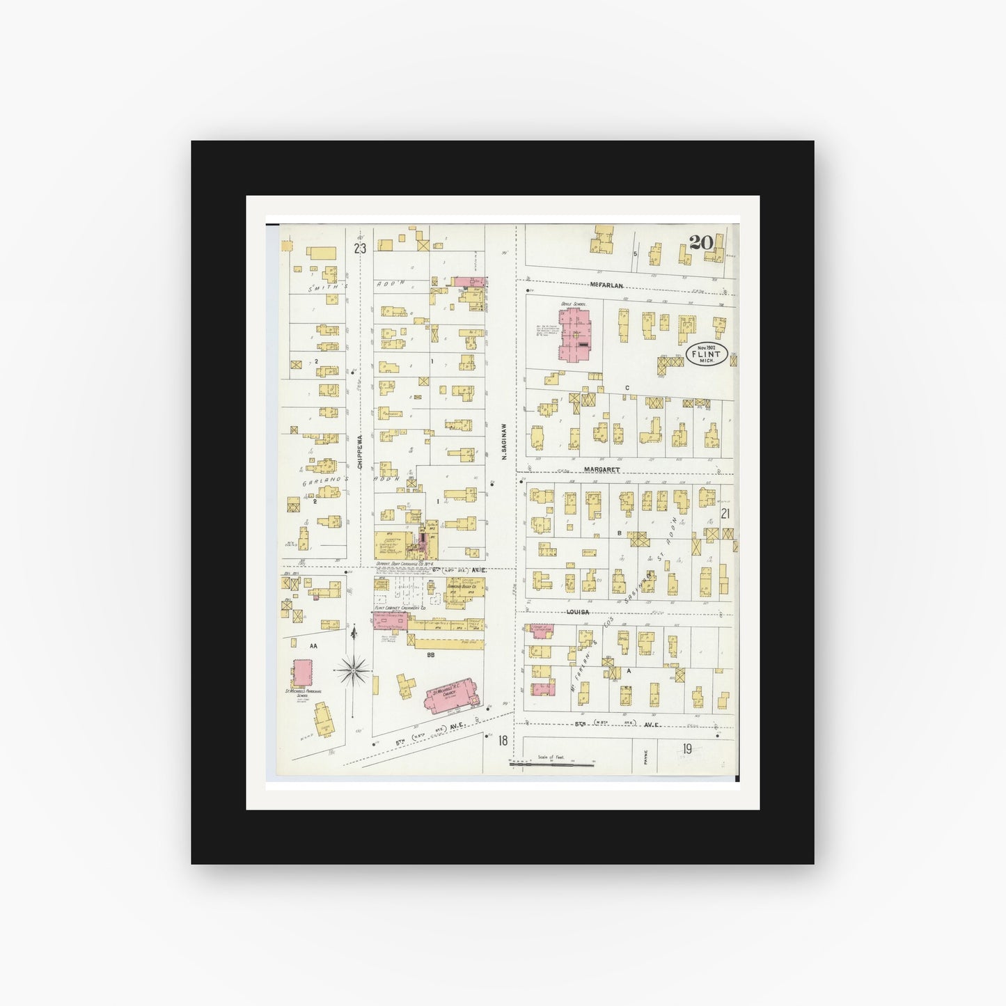 Old map wall art mockup — black gallery frame with white mat — Sanborn Fire Insurance Map from Flint, Genesee County, Michigan (1902), Sheet #0020