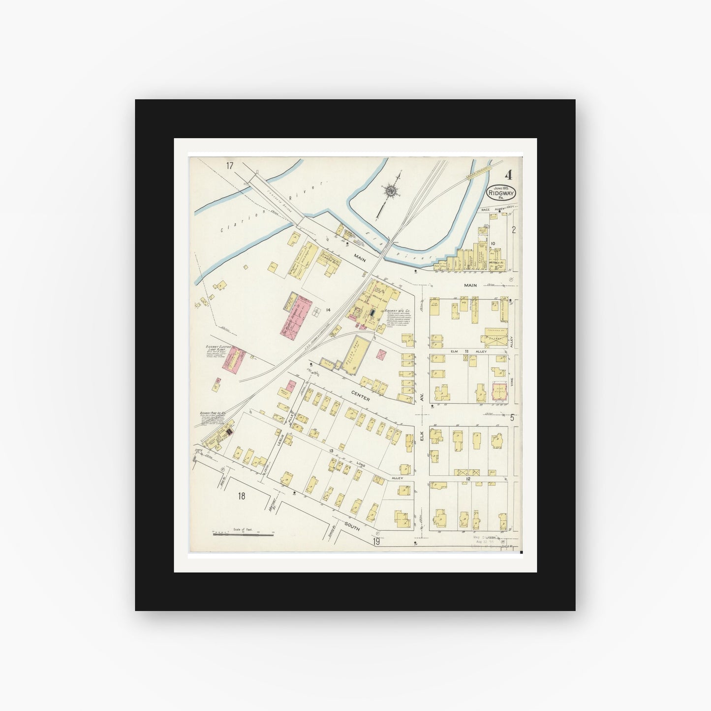 Old map wall art mockup — black gallery frame with white mat — Sanborn Fire Insurance Map from Ridgway, Elk County, Pennsylvania (1915), Sheet #0004