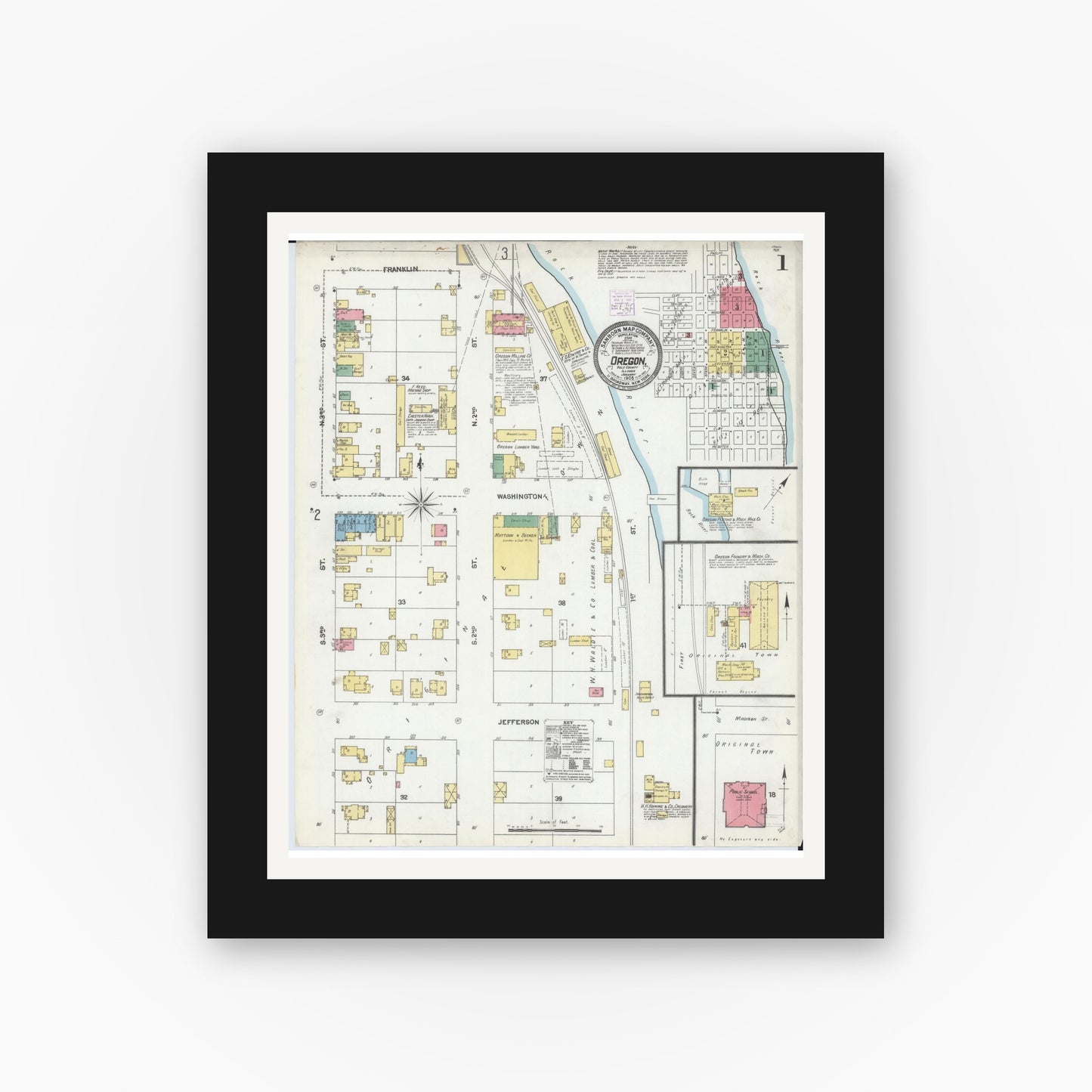 Old map wall art mockup — black gallery frame with white mat — Sanborn Fire Insurance Map from Oregon, Ogle County, Illinois (1905), Sheet #0001