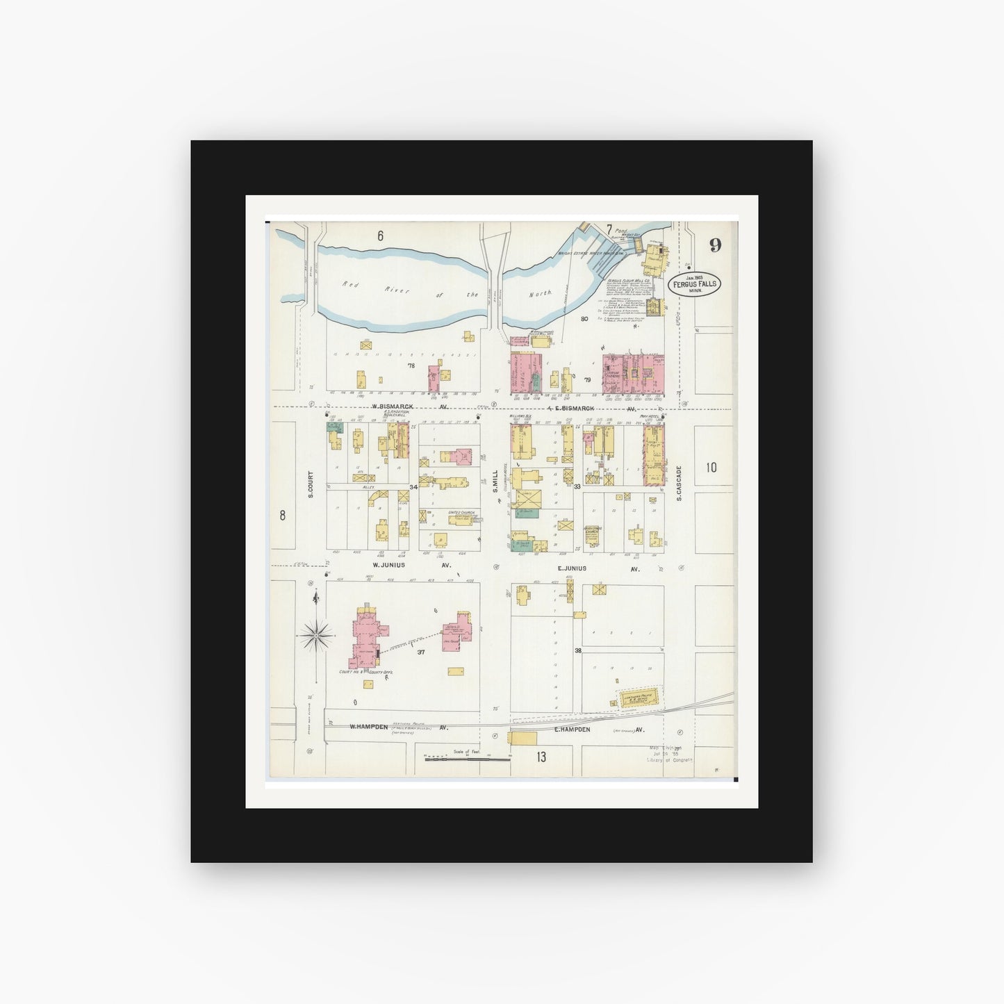 Old map wall art mockup — black gallery frame with white mat — Sanborn Fire Insurance Map from Fergus Falls, Otter Tail County, Minnesota (1903), Sheet #0009
