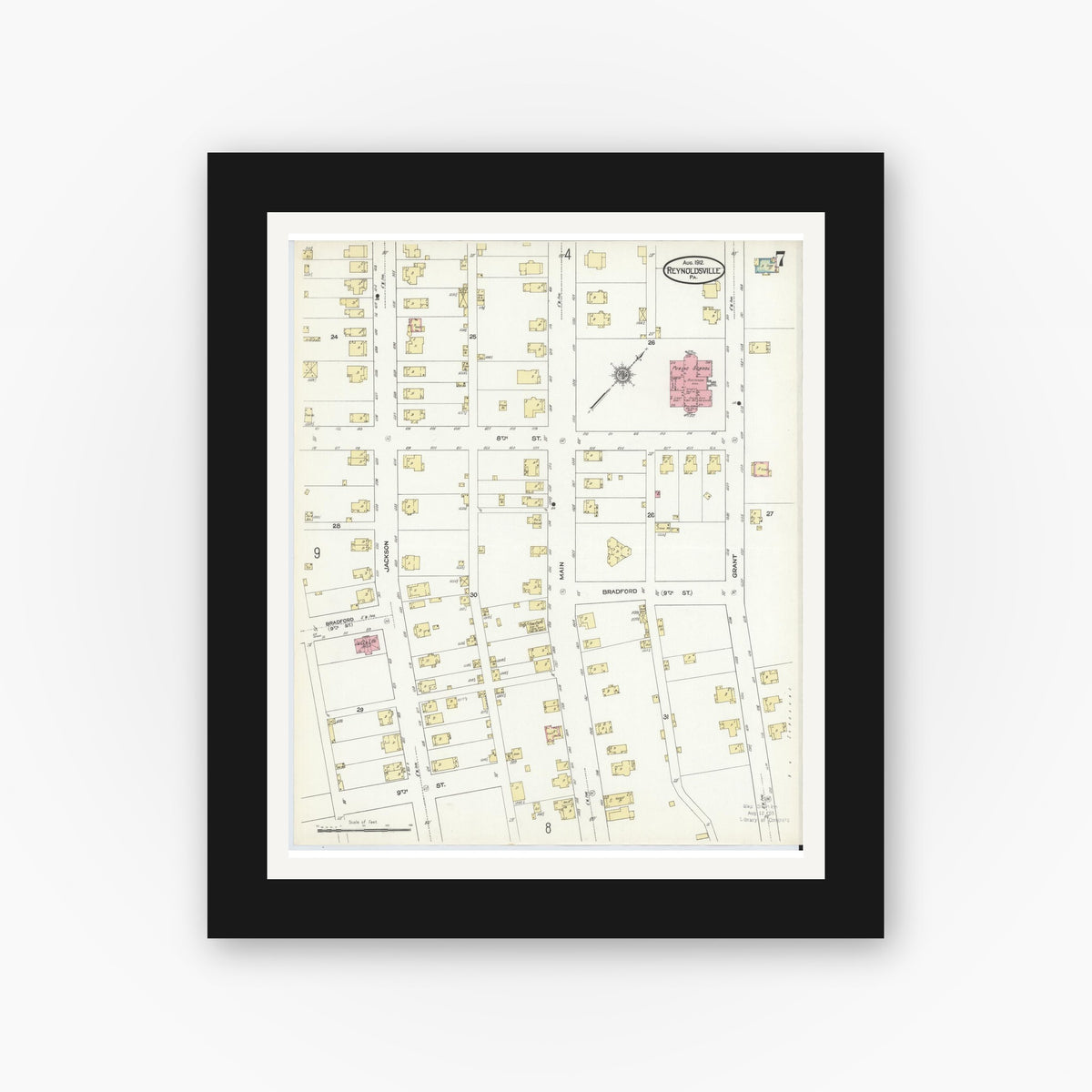 Old map wall art mockup — black gallery frame with white mat — Sanborn Fire Insurance Map from Reynoldsville, Jefferson County, Pennsylvania (1912), Sheet #0007