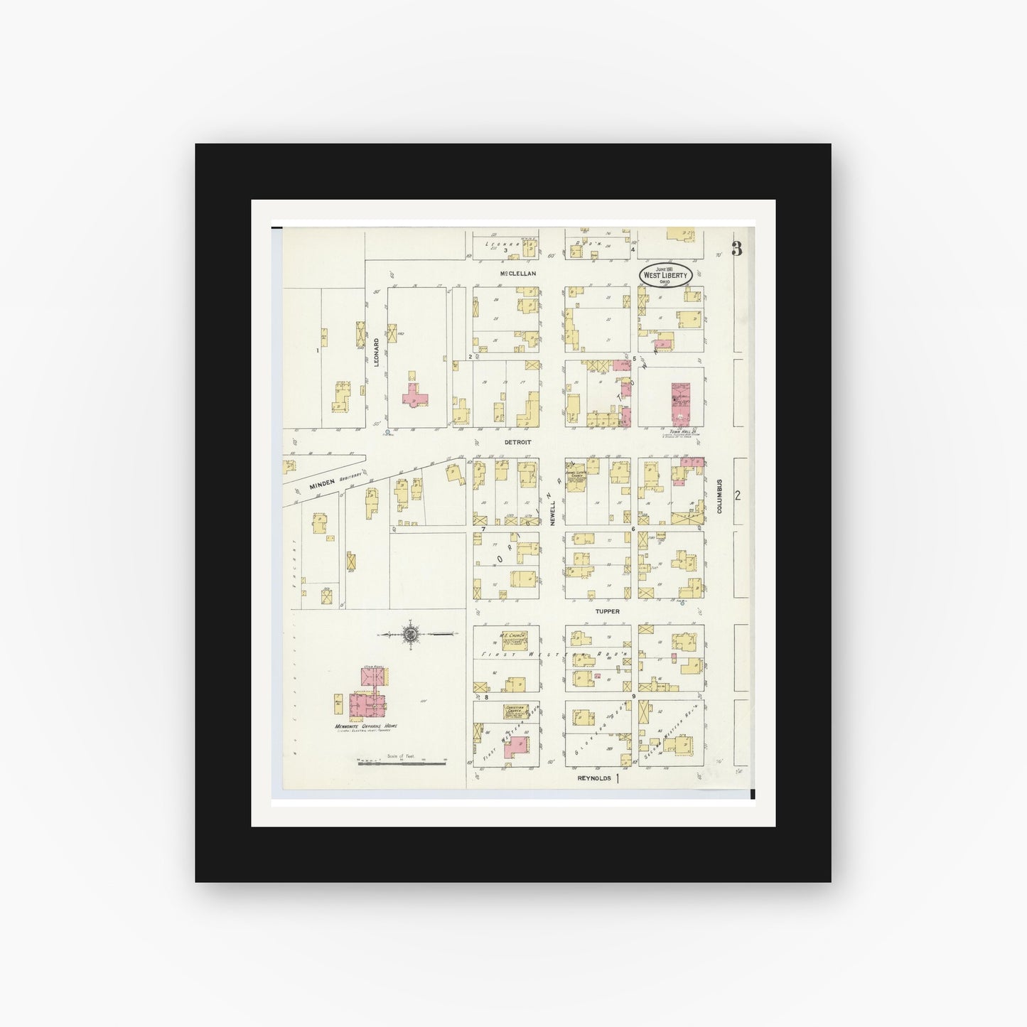 Old map wall art mockup — black gallery frame with white mat — Sanborn Fire Insurance Map from West Liberty, Logan County, Ohio (1911), Sheet #0003